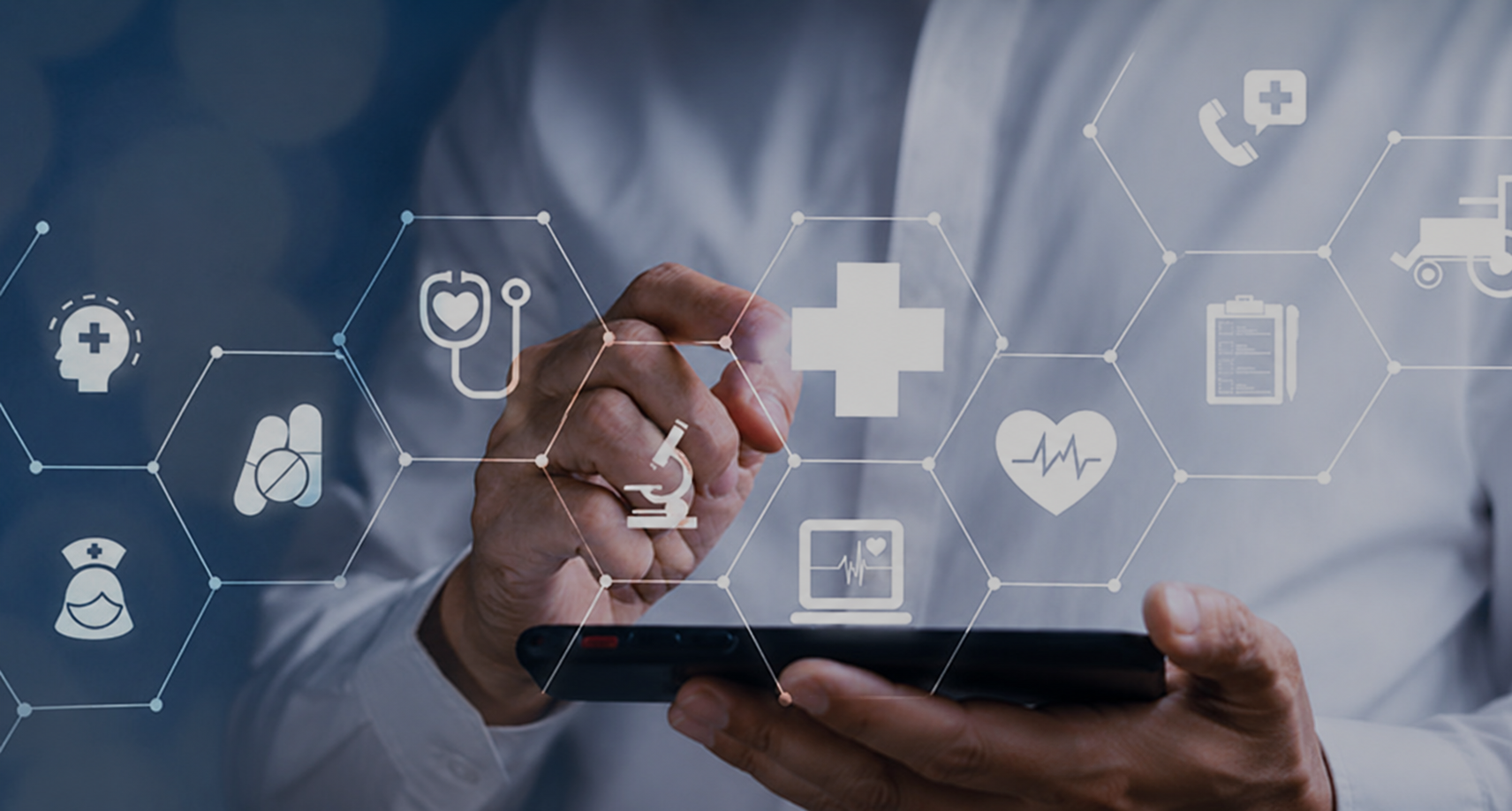 Doctor holding a smartphone surrounded by digital healthcare icons representing Medicare, health, life, and insurance planning services in Brownwood, TX